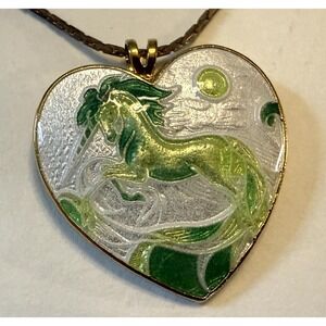 Vintage Heart Shaped Cloisonne Unicorn Pendant Necklace With Gold Tone 20" Chain